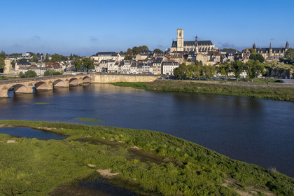 France, Nièvre, Nevers, the islands on the Loire upstream from the Pont de la Loire, the Quai de Mantoue, the Saint-Cyr-et-Sainte-Julitte cathedral the Ducal Palace in the background (aerial view)