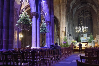 France, Bas Rhin, Strasbourg, Selestat, the fir trees suspended under the arches of the nave of the Saint-Georges church are traditionally decorated with apples, bredele, balls taking into account an evolution over time