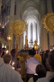 France, Meurthe-et-Moselle, Saint Nicolas de Port, Basilica of Saint Nicolas, torchlight procession which has been celebrated since 1245 on the occasion of Saint Nicholas, the relic of Saint Nicolas blessing dexter (according to tradition it is the bones of a joint of the right hand of the bishop) that is kept in a reliquary arm of the late 19th century in silver, gold, enamel and diamonds