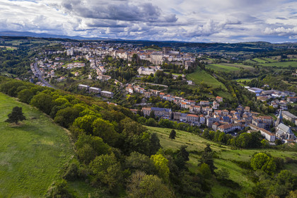 France, Cantal, Saint Flour, the upper town is located at the end of a lava flow forming the planeze, a large volcanic plateau in Cantal (aerial view)