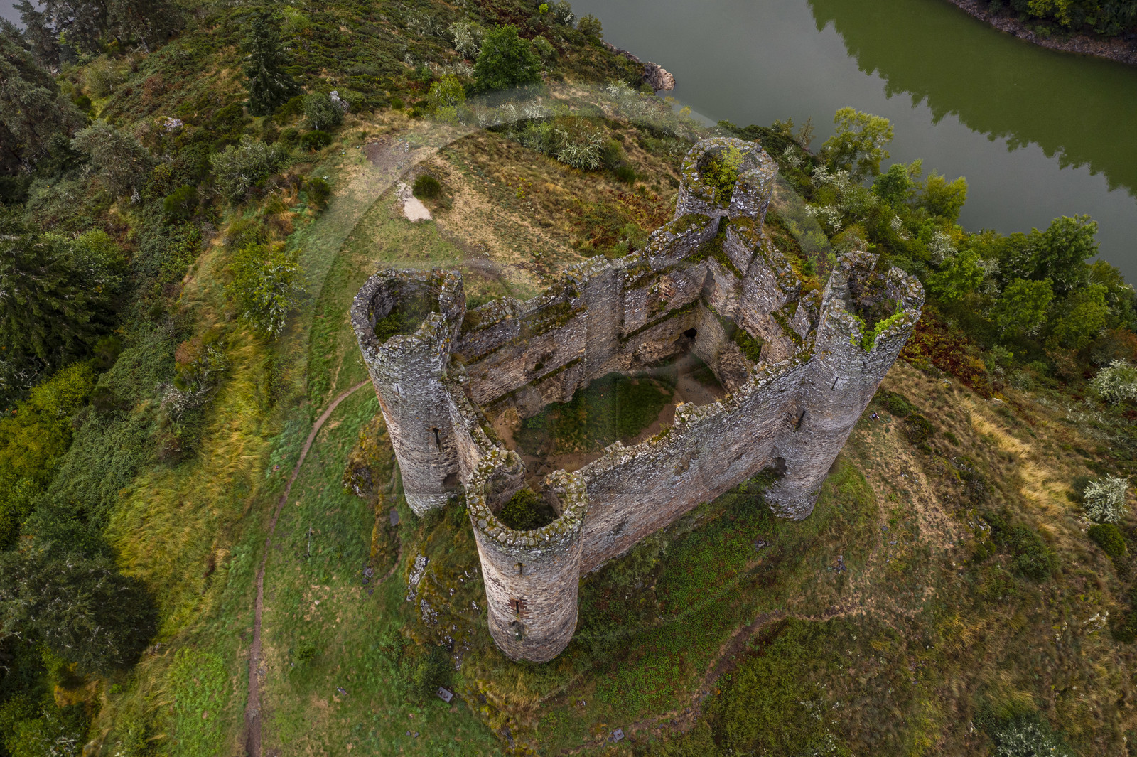 France, Cantal (15), Gorges de la Truyère, Alleuze, ruines féodales perchées du château fort d'Alleuze du XIIIe siècle reconstruit en 1405 (vue aérienne)