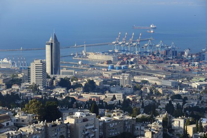 Israel, Haifa, downtown and the port seen from Mount Carmel