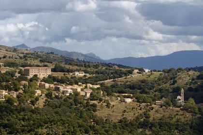 France, Haute Corse, Balagne, the Giussani valley, the village of Olmi-Capella dominated by Battaglini house (1902) that was build by a village child who made his fortune in Egypt