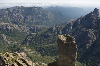 France, Corse du Sud, Alta Rocca, massif of Bavella, campanile of St. Lucia, peak overlooking the steep Aragale ravine