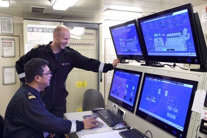 Groenland, cote Nord-Ouest, Baffin Bay, bateau de croisière MS Fram de la compagnie Hurtigruten, salle de contrôle des machines, ingénieur en chef Jan Robin (debout) et 2E Mario G