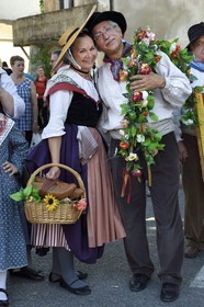 France, Var, Massif des Maures, Collobrières, group of traditional Provencal dancers and musicians at the chestnut festivals