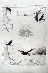 France, Aisne, Château-Thierry, Jean de La Fontaine Museum - city of Chateau-Thierry,  La Fontaine's Fables book illustrated by Benjamin Rabier, Edition Jules Tallandier, 1906, in-folio, The Raven and the Fox fable II from book I