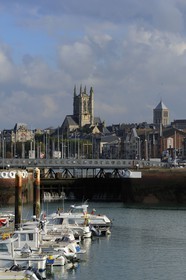 France, Seine Maritime, Pays de Caux, Cote d'Albatre, Fecamp, fishing boat in the harbour and Saint Etienne Church