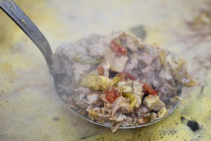France, Pyrenees Atlantiques, Basque Country, Espelette, cooking an Axoa that is a typical Basque dish prepared with mashed veal, onions, tomatoes sauté and flavoured with red Espelette pepper
