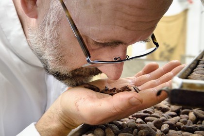 France, Bas Rhin, Munlhdolseim, pastry chocolatier Thierry Mulhaupt in his workshop, he produces or personally selects his cocoa beans for his chocolate creations