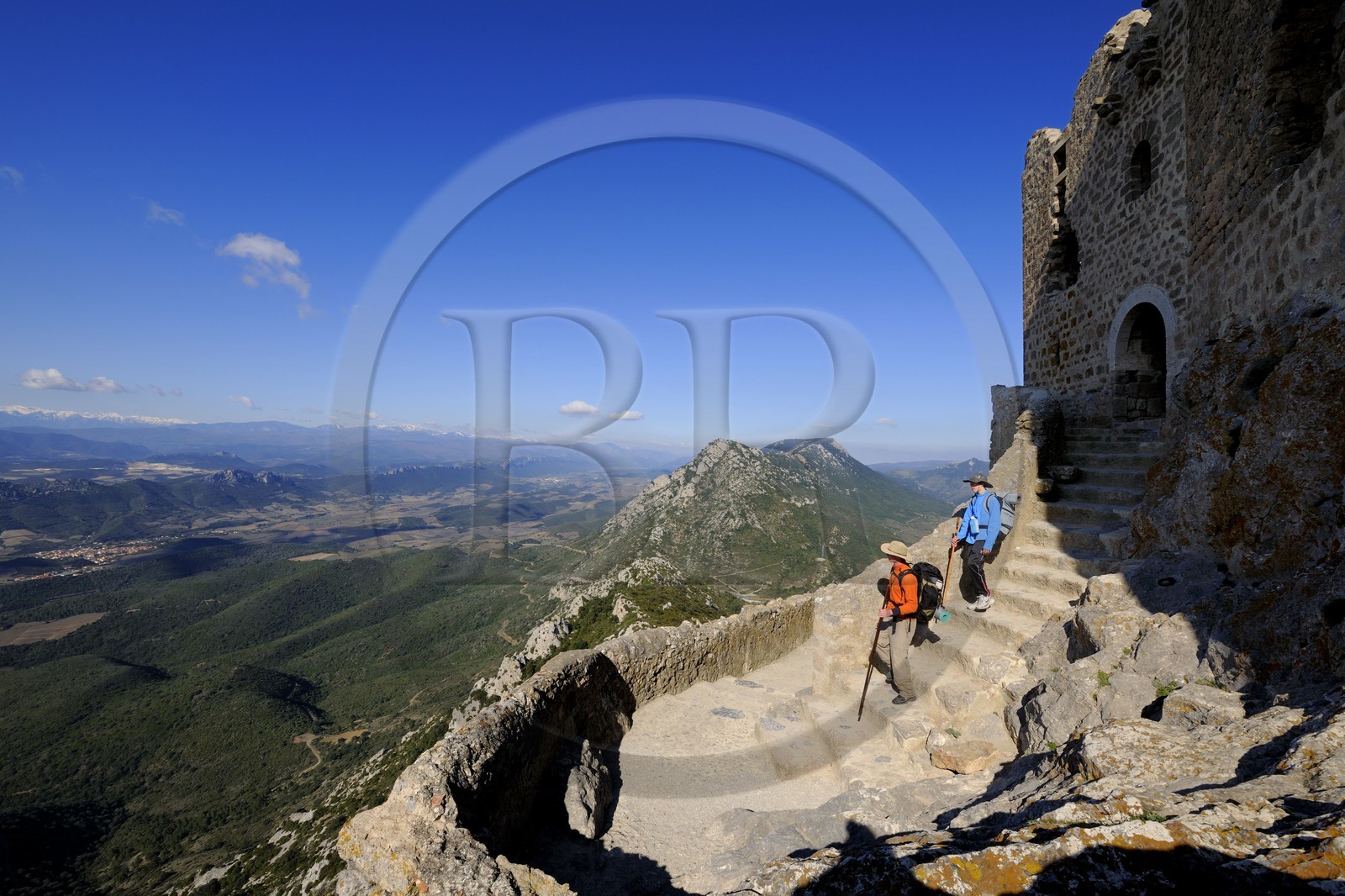 France, Aude (11), Pays Cathare, le château de Quéribus, devant la plaine de Maury et la chaine des Pyrénées