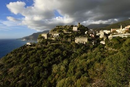 France, Haute Corse, Cap Corse, the hilltop village of Nonza and the Paoline Tower (Torra paolina)