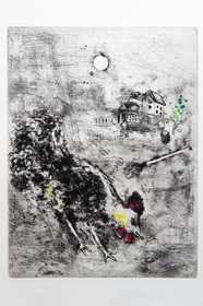 France, Aisne, Château-Thierry, Jean de La Fontaine Museum - city of Chateau-Thierry, illustrations from La Fontaine's Fables, The Rooster and the Pearl fable XX from book I, prints by Marc Chagall, 1927-1930 (copper engraving), published by Tériade in 1952, etching on wove paper, heightened with gouache and watercolor