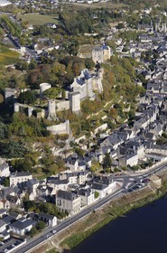 France, Indre et Loire, Loire valley listed as World Heritage by UNESCO, Chinon, its medieval castle and the Vienne river (aerial view)