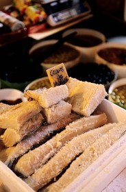 France, Pyrenees Orientales, Perpignan, salted cod on the stall of a grocer