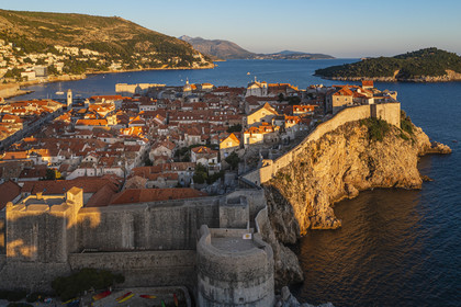 Croatia, Dalmatia, Dalmatian coast, Dubrovnik, Historic Centre listed as World Heritage by UNESCO, the old town surrounded by ramparts (aerial view)