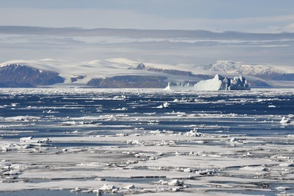 Groenland, cote Nord-Ouest, Smith sound au nord de la baie de Baffin, morceaux de glace de la banquise arctique et iceberg géant en arrière plan vers la côte canadienne de l'ile d'Ellesmere
