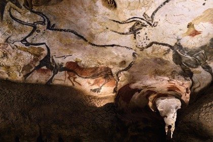 France, Dordogne (24), Périgord Noir, vallée de la Vezère, Montignac-sur-Vézère, Grotte de Lascaux II, reconstitution du site préhistorique et grotte ornée classés Patrimoine Mondial de l'UNESCO, Aurochs Chevaux et Cerfs