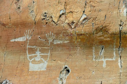 France, Alpes-Maritimes, parc national du Mercantour (Mercantour National Park), the Vallee des Merveilles (Valley of Wonders) scattered with thousands of rupestral engravings of the Bronze Age, hornlike anthropomorphized figure engraved on the so called rock of The Sorcerer on the chiappes yellow schist flagstones