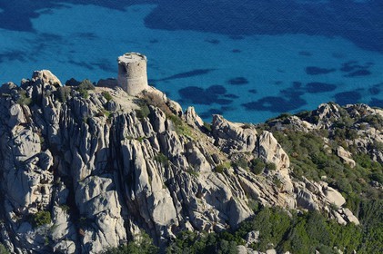 France, Corse du Sud, Cala de Roccapina natural site, Roccapina genoese tower (aerial view)