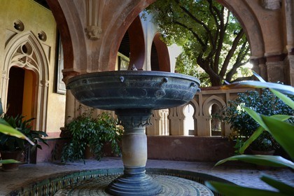 Spain, Extremadura, Guadalupe, Royal Monastery of Santa Maria de Guadalupe listed as World Heritage by UNESCO, Mudejar cloister built in the 15th century, polychrome ceramic sink