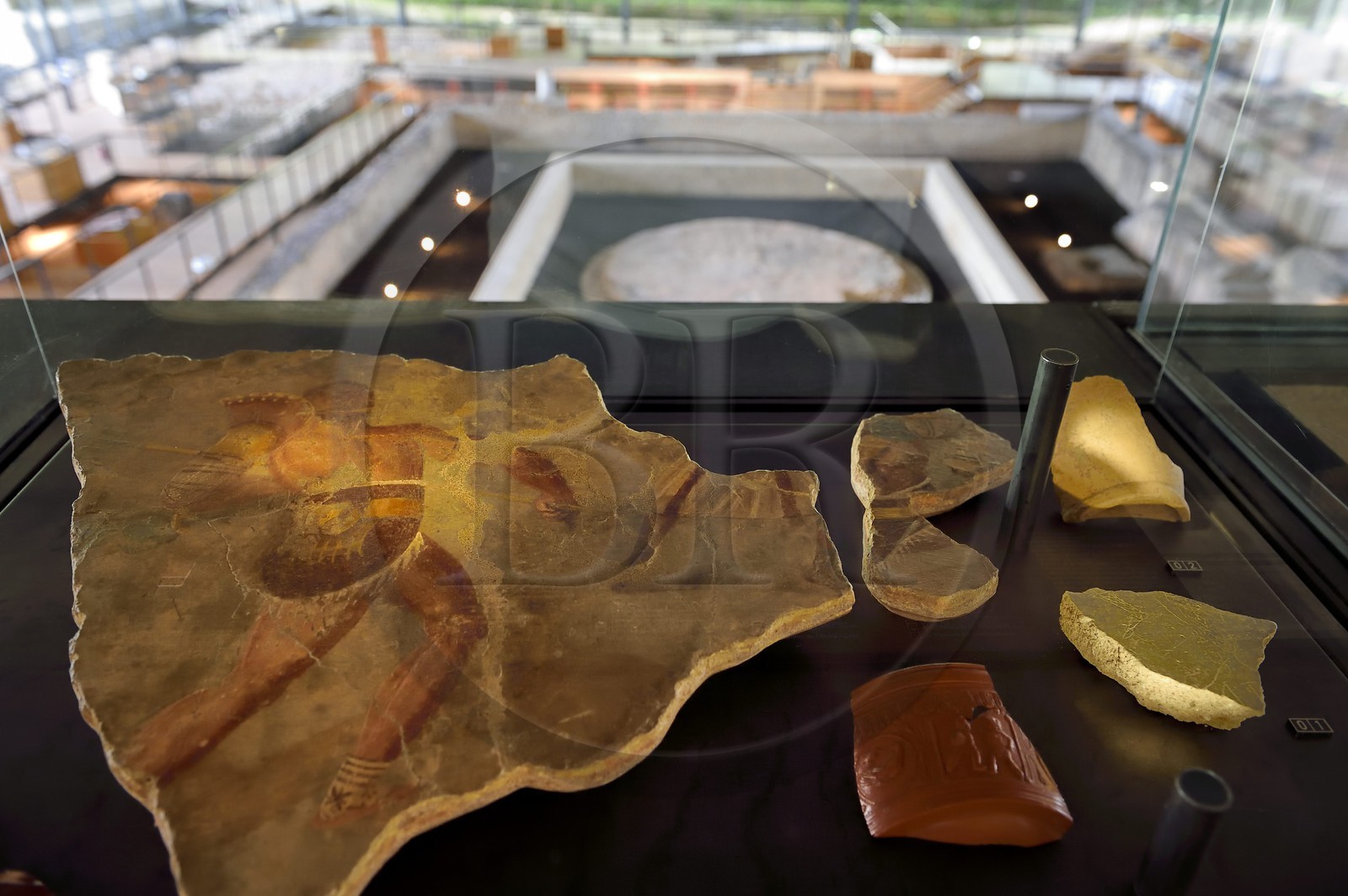 France, Dordogne, White Perigord, Perigueux, Vesunna museum, Gallo-Roman museum and site designed by architect Jean Nouvel (legal reference), fragment of wall painting, gladiator fights