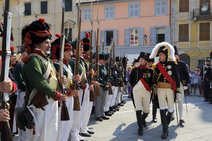 Italy, Liguria, Sarzana, Napoleon Festival, Napoleon reviews the troops along with the Marshal of the Empire Massena on the Piazza Matteotti