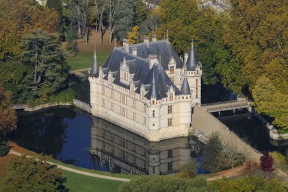France, Indre et Loire, Loire Valley listed as World Heritage by UNESCO, Chateau d' Azay le Rideau (aerial view)