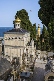 France, Alpes-Maritimes, Menton, old town, the Old Castle cemetery, marine cemetery, Orthodox chapel built in 1884 by Count-Protasov Bechmetieff, the Basilica of Saint Michael in the background