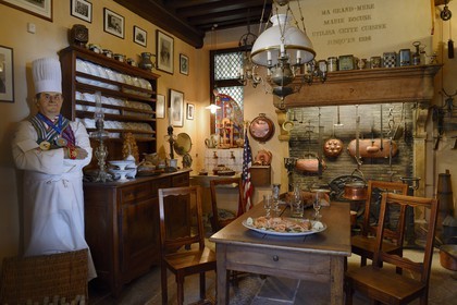 France, Rhone, Collonges au Mont d'Or, Paul Bocuse Restaurant L'abbaye de Collonges dedicated to receptions, reconstitution of his grandmother restaurant cuisine in 1924