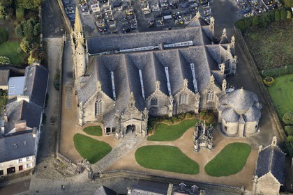 France, Finistere, Guimiliau, the church and the calvary in the Parish close (enclos paroissial) (aerial view)