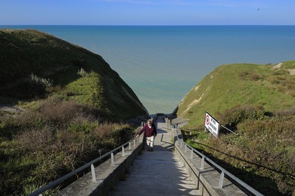 France, Seine-Maritime, Pays de Caux, Cote d'Albatre, small valleuse at Sotteville-sur-Mer, stairway leading to the sea