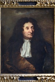France, Aisne, Château-Thierry, Jean de La Fontaine Museum - city of Chateau-Thierry, the portrait of the poet painted circa 1680 by Hyacinthe Rigaud exhibited in the 17th century room