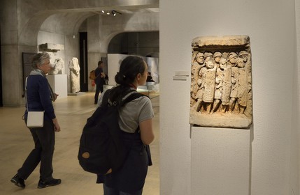 France, Rhone, Lyon, historical site listed as World Heritage by UNESCO, colline de Fourviere, Gallo-Roman Museum of Fourvière, Roman legionaries on a low relief from the site of Glanum dating 130 CE