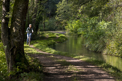 France, Nievre, Regional Natural Park of Morvan, upstream of the Montreuillon aqueduct, cyclist on the path along the Rigole d'Yonne which draws water from the Yonne at Lake Pannecière and feeds the Nivernais Canal