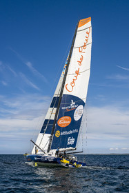 France, Vendee, Les Sables d'Olonne, skipper Manuel Cousin training on his 60-foot monohull sailboat IMOCA Coup de Pouce