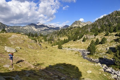 France, Hautes Pyrenees, Saint Lary Soulan and Vielle-Aure, hike on a variant of the GR10 between the Portet pass and the Bastan lakes on the edge of the Neouvielle nature reserve, the Neouvielle massif in the background
