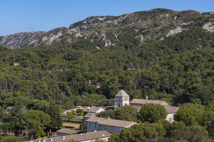 France, Bouches du Rhone, Regional Natural Park of the Alpilles, Saint Remy de Provence, Saint-Paul-de-Mausole monastery, where Van Gogh was interned in 1889-1890, at the foot of the Alpilles massif (aerial view)