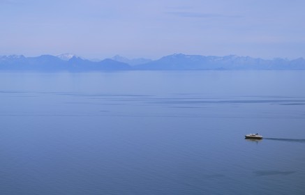 Norway, Nordland County, Lofoten Islands, the Coastal Express (Hurtigruten) (aerial view)