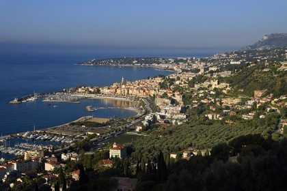 France, Alpes-Maritimes (06), Menton, la vieille ville dominée par la Basilique Saint Michel, le rocher qui surplombe Monaco en arrière plan et le parc du Pian qui abrite plus de 530 oliviers au premier plan