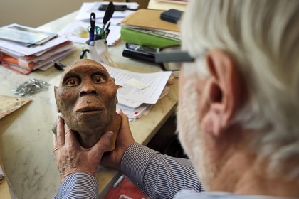 France, Paris (75), le paléontologue et paléoanthropologue Yves Coppens, professeur émérite au Collège de France, au bureau de son domicile parisien, il tient en main la reproduction supposée du visage de Lucy