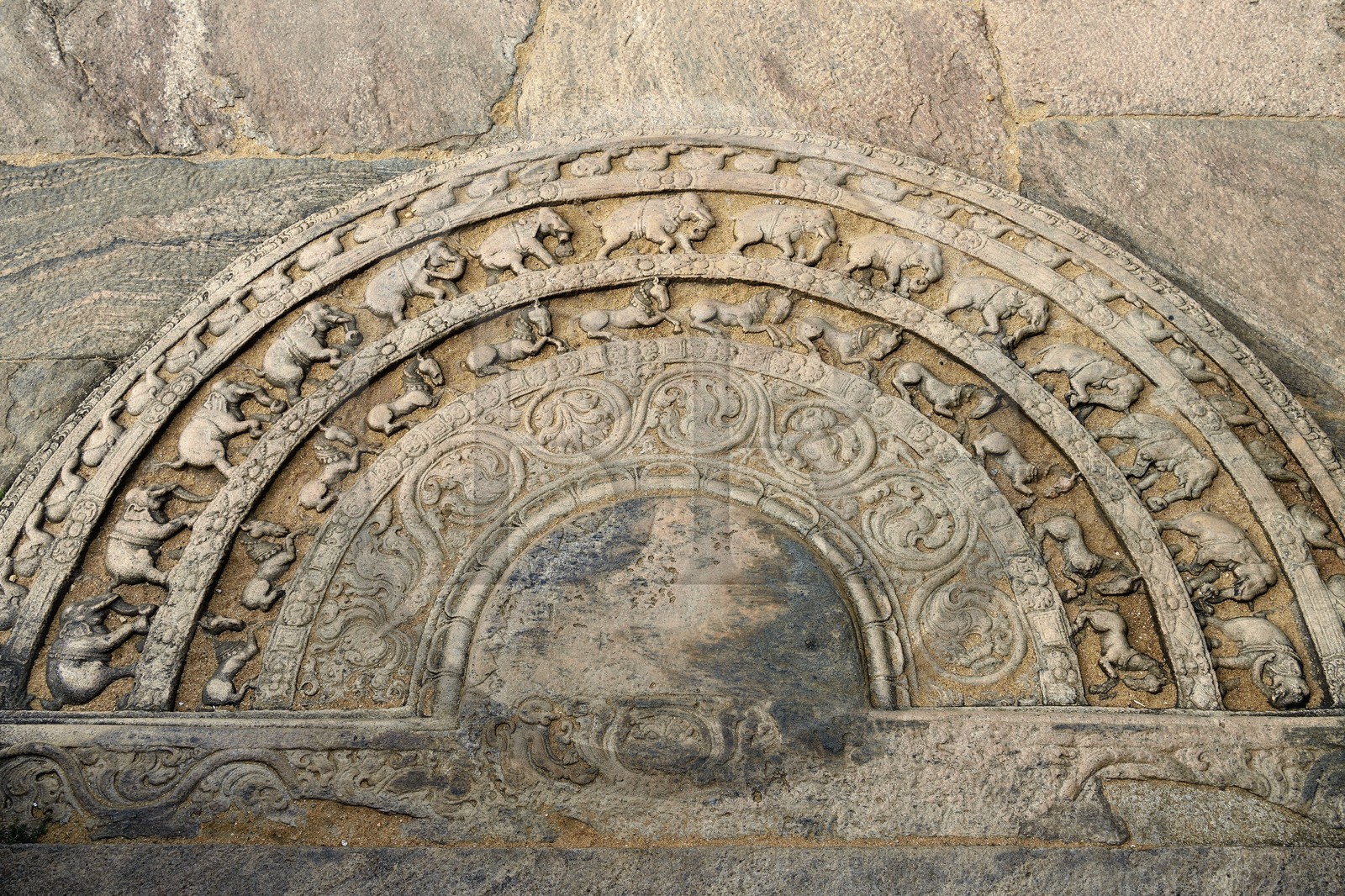 Sri Lanka, province du Centre-Nord, Polonnaruwa, l'ancienne capital du pays (XIe au XIIIe siècle) est classée au Patrimoine Mondial de l'UNESCO, terrasse de la relique de la dent, pierre de lune en demi-cercle (sandakada pahana)