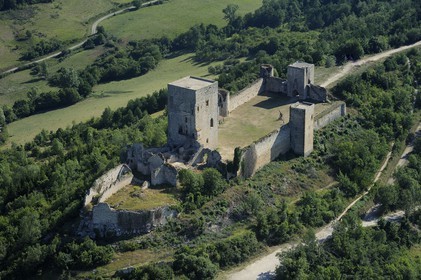 France, Aude, Chateau de Puivert, 12th century Cathar castle (aerial view)