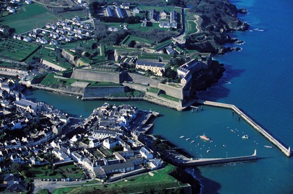 France, Morbihan, Belle Ile, Le Palais (main town of the island), Vauban's Citadel overlooking the harbour (aerial view)