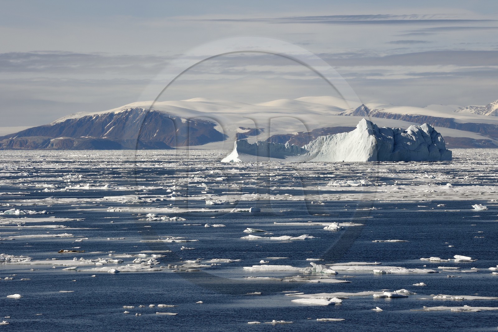 Groenland, cote Nord-Ouest, Smith sound au nord de la baie de Baffin, morceaux de glace de la banquise arctique et iceberg géant en arrière plan vers la côte canadienne de l'ile d'Ellesmere