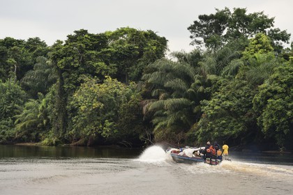 Gabon, province de Ogooué- Maritime, transport de frêt sur un bateau à moteur descendant une rivière de la lagune du Fernan Vaz (Nkomi)