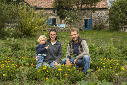 France, Aveyron, Nant, Marion Renoult and Romain Debord, new generation farmers from Larzac, at the Homs Aromatic Farm