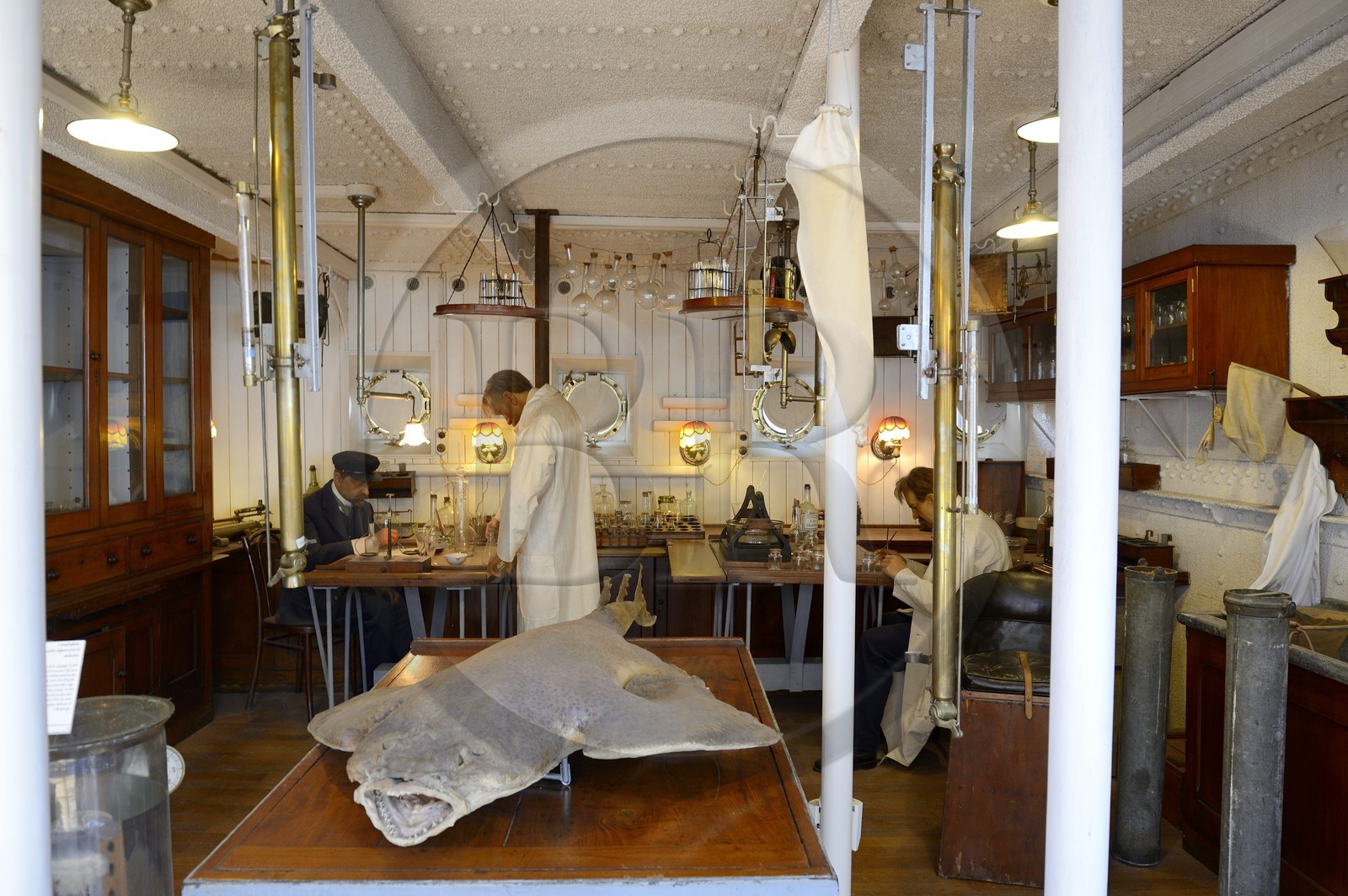 Principauté de Monaco, Monaco, le musée océanographique, la Salle Albert Ier évoque le parcours scientifique du Prince Albert Ier de Monaco fondateur du musée, laboratoire du bateau l'Hirondelle II