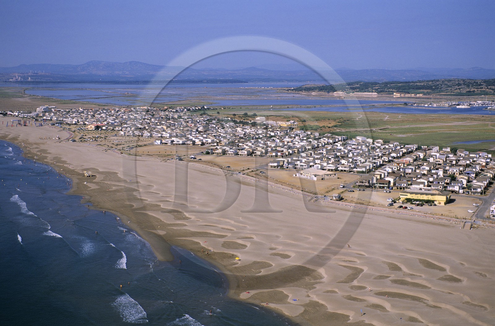 France, Aude, village of Gruissan Plage consists of houses built on piles (aerial view)