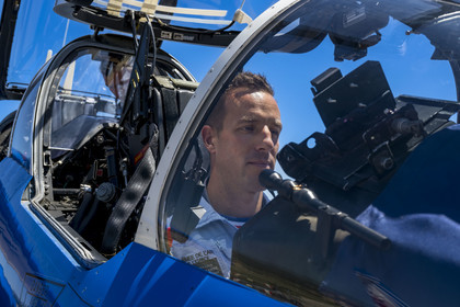 France, Bouches du Rhone, Salon de Provence, air base 701, base of the Patrouille de France (PAF for Patrouille acrobatique de France) of the French Air and Space Force, the pilot, Captain Cédric Queyranne, finishes preparing in his cockpit alongside adjudant Nicolas Renard, his mechanic, for a flight aboard his Alphajet aircraft